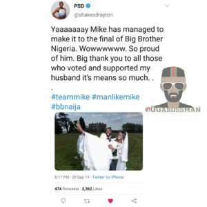 bbnaija Mike's wife reacts